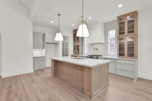 kitchen featuring light wood finished floors, backsplash, a sink, stainless steel gas range, and premium range hood