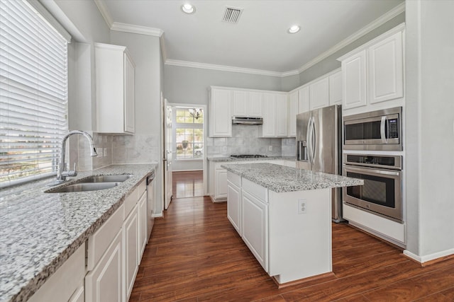 kitchen with a center island, dark wood-style flooring, appliances with stainless steel finishes, ornamental molding, and a sink