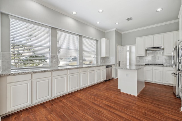 kitchen featuring under cabinet range hood, stainless steel appliances, dark wood-style flooring, white cabinets, and crown molding