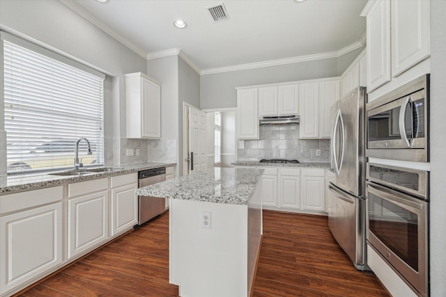 kitchen featuring visible vents, dark wood-style flooring, stainless steel appliances, under cabinet range hood, and a sink