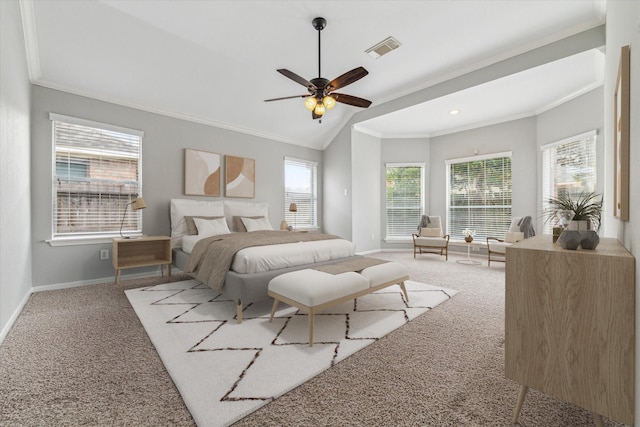 bedroom featuring crown molding, carpet flooring, visible vents, and baseboards