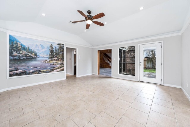 unfurnished living room featuring light tile patterned floors, baseboards, ceiling fan, stairs, and vaulted ceiling