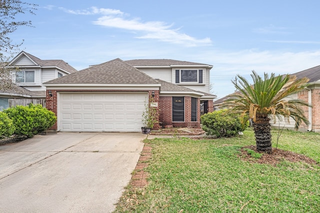 traditional-style home featuring a garage, brick siding, concrete driveway, roof with shingles, and a front yard