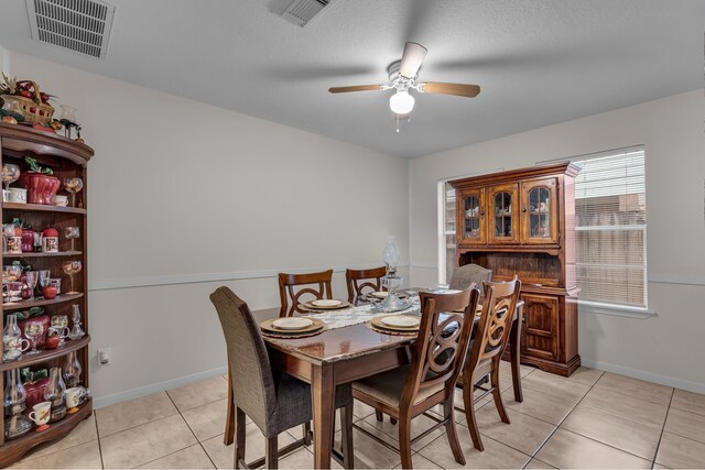 dining room featuring light tile patterned floors, ceiling fan, visible vents, and baseboards