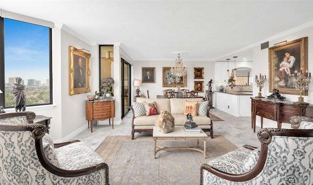 living room featuring arched walkways, marble finish floor, crown molding, visible vents, and baseboards