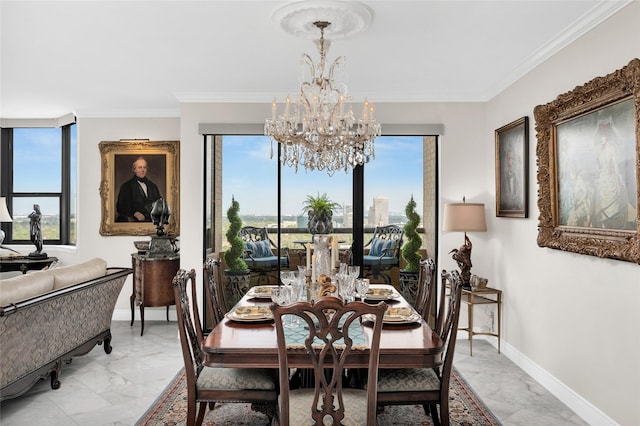 dining space with marble finish floor, baseboards, ornamental molding, and a notable chandelier