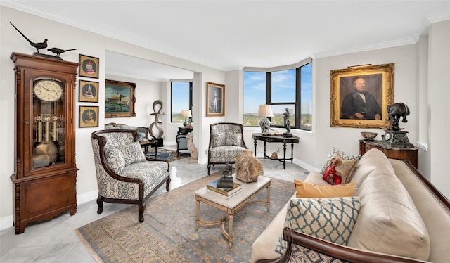 living area with crown molding, baseboards, and light tile patterned floors