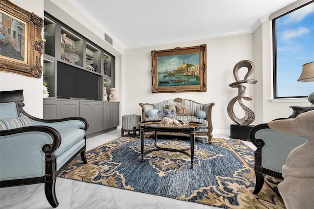 sitting room featuring marble finish floor, built in features, visible vents, and crown molding