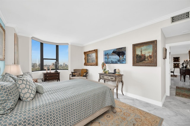 bedroom with marble finish floor, ornamental molding, visible vents, and baseboards