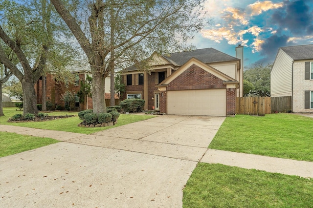 view of front of house featuring brick siding, a front lawn, concrete driveway, a chimney, and an attached garage