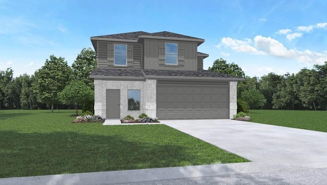 view of front of home featuring a garage, driveway, brick siding, and a front lawn