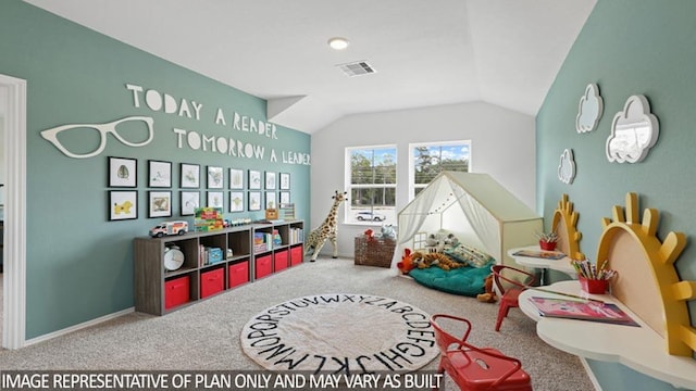 recreation room with vaulted ceiling, carpet floors, visible vents, and baseboards