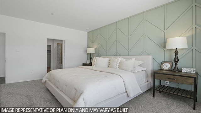 carpeted bedroom featuring an accent wall