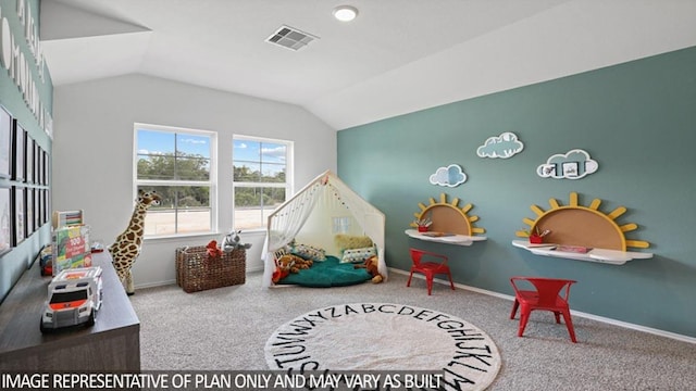 playroom featuring vaulted ceiling, carpet, visible vents, and baseboards