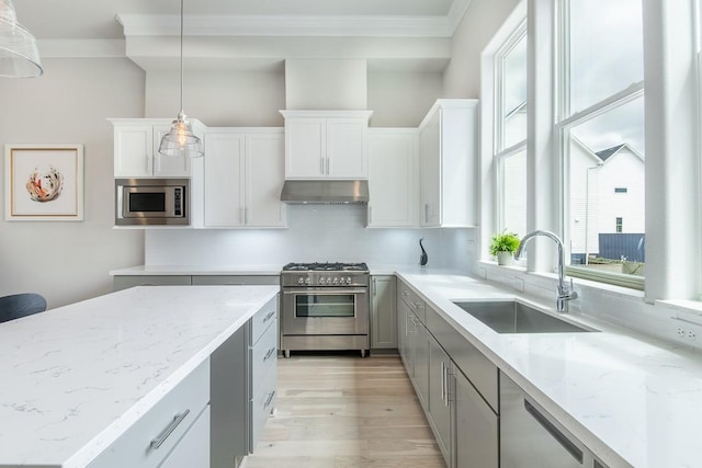 kitchen with appliances with stainless steel finishes, light stone countertops, crown molding, under cabinet range hood, and a sink