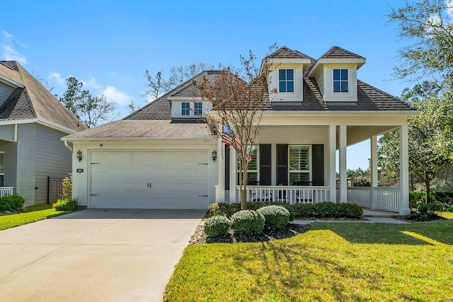 view of front of home with covered porch, concrete driveway, a garage, and a front yard