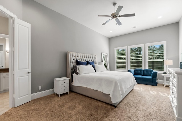 bedroom with recessed lighting, a ceiling fan, baseboards, and light carpet