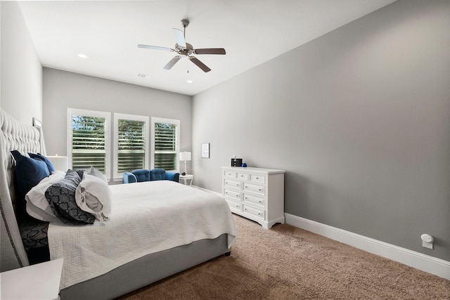 carpeted bedroom with recessed lighting, a ceiling fan, and baseboards