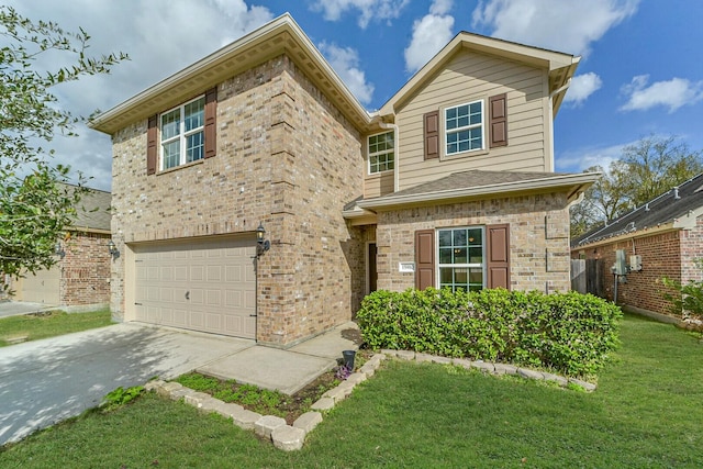 traditional-style house featuring a garage, a front yard, brick siding, and driveway