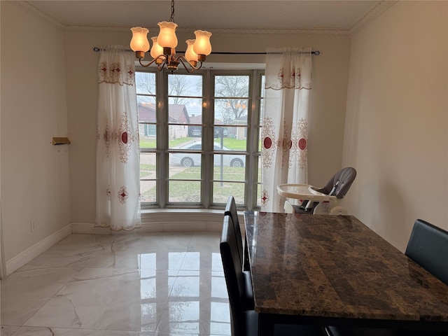 unfurnished dining area with marble finish floor, plenty of natural light, baseboards, and a notable chandelier