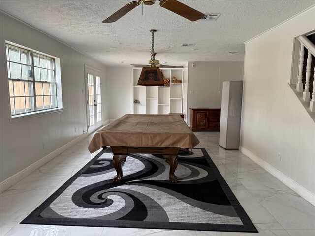 dining space with billiards, visible vents, baseboards, marble finish floor, and french doors