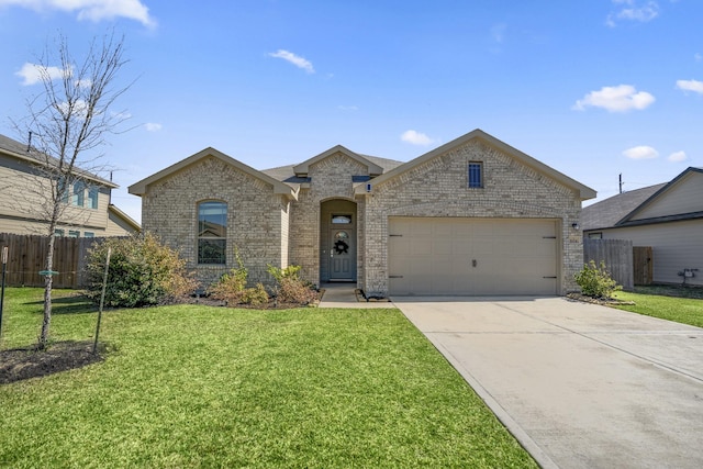 view of front of property with brick siding, driveway, a front lawn, and fence