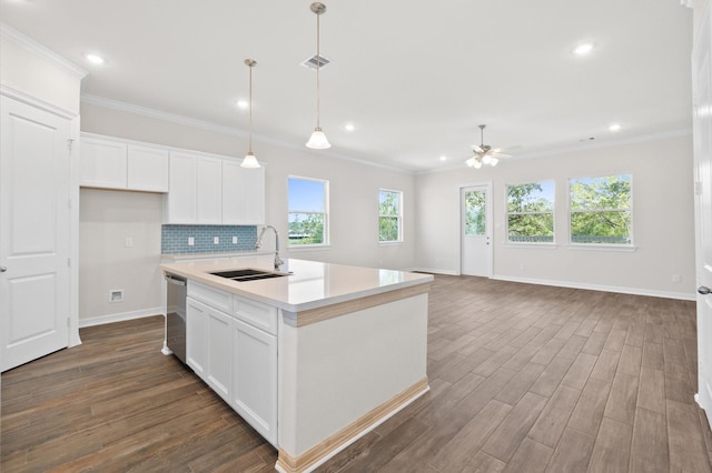 kitchen with decorative backsplash, stainless steel dishwasher, dark wood-type flooring, white cabinetry, and a sink