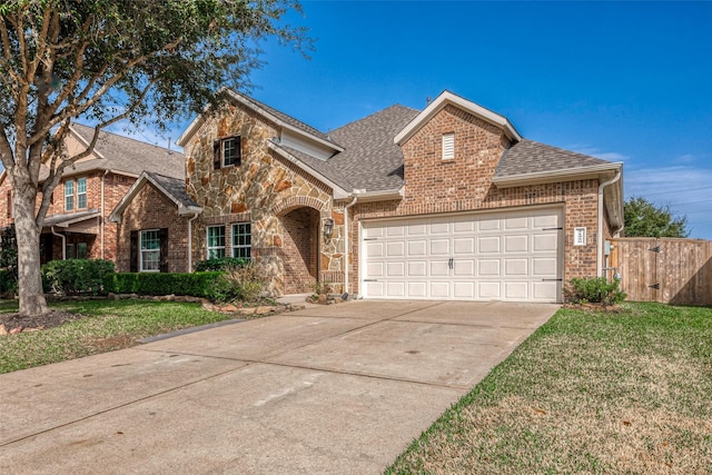 traditional-style home featuring brick siding, a shingled roof, stone siding, driveway, and a front lawn