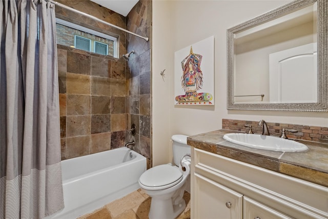 full bath featuring shower / bathtub combination with curtain, toilet, and vanity