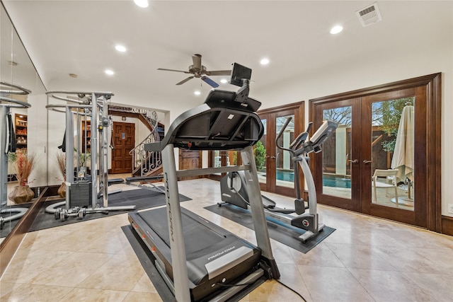 exercise area featuring visible vents, ceiling fan, recessed lighting, french doors, and tile patterned floors