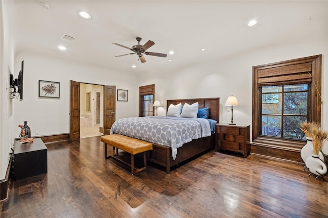 bedroom featuring visible vents, ceiling fan, baseboards, recessed lighting, and wood finished floors