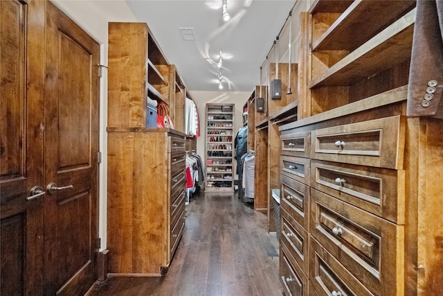 spacious closet featuring visible vents and dark wood-style floors