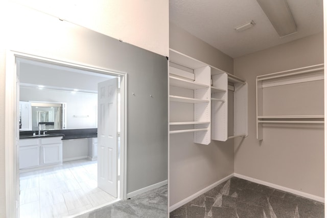 spacious closet featuring visible vents, carpet floors, and a sink