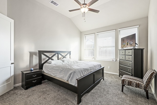 bedroom with visible vents, a ceiling fan, carpet flooring, vaulted ceiling, and baseboards