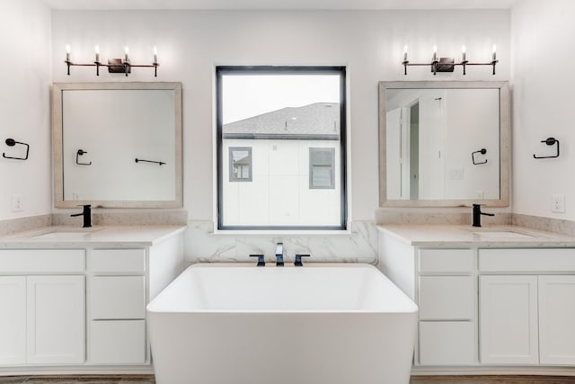 bathroom featuring a freestanding tub, a sink, and a healthy amount of sunlight