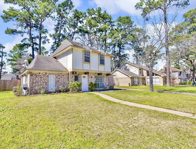 view of front of property featuring a front yard, brick siding, fence, and roof with shingles