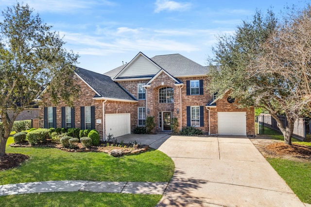 traditional home featuring brick siding, a shingled roof, concrete driveway, fence, and a front yard