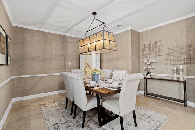 dining area with visible vents, stairway, ornamental molding, baseboards, and wallpapered walls