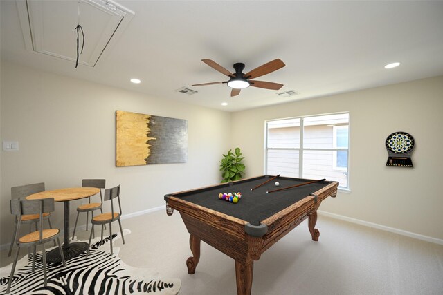 game room with visible vents, baseboards, attic access, carpet floors, and recessed lighting