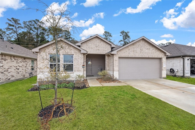 ranch-style home featuring driveway, a front lawn, an attached garage, and brick siding