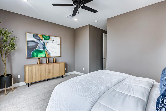 bedroom with recessed lighting, visible vents, a ceiling fan, light carpet, and baseboards