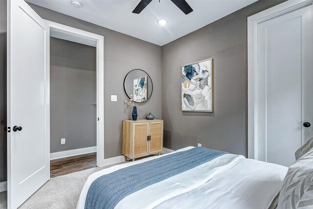 bedroom with recessed lighting, ceiling fan, baseboards, and wood finished floors