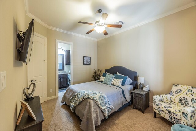 bedroom featuring light carpet, visible vents, crown molding, and baseboards