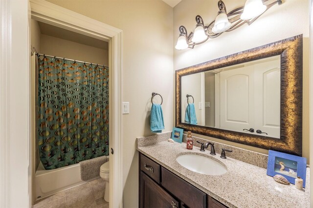 bathroom with tile patterned floors, shower / tub combo with curtain, toilet, and vanity