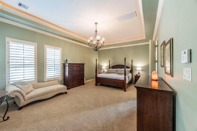 bedroom featuring visible vents, a raised ceiling, carpet, and crown molding