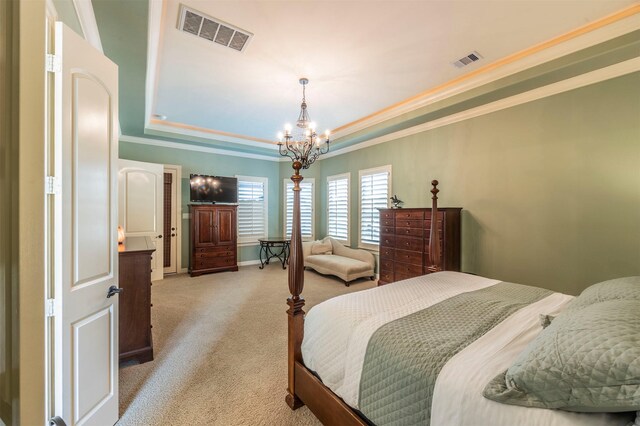 bedroom featuring visible vents, a raised ceiling, and light colored carpet