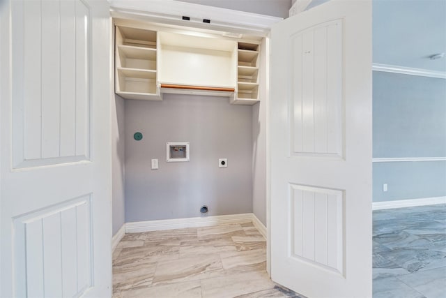 laundry area with laundry area, baseboards, marble finish floor, washer hookup, and electric dryer hookup