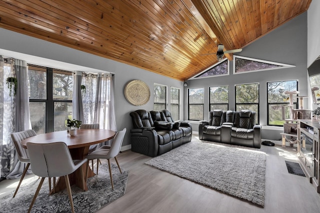 living room with lofted ceiling, ceiling fan, wooden ceiling, and wood finished floors