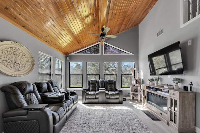 living area featuring a ceiling fan, wooden ceiling, visible vents, and wood finished floors