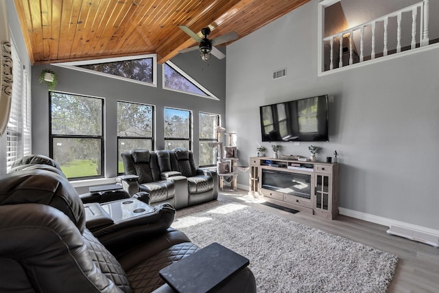 living room featuring visible vents, ceiling fan, wood finished floors, wooden ceiling, and baseboards